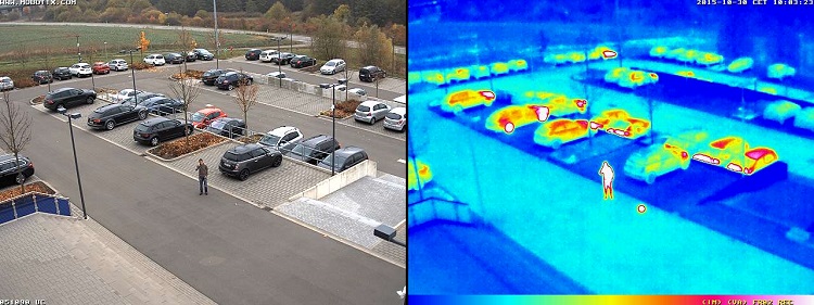 赤外線サーモグラフィカメラでの監視エリアの熱源検知例